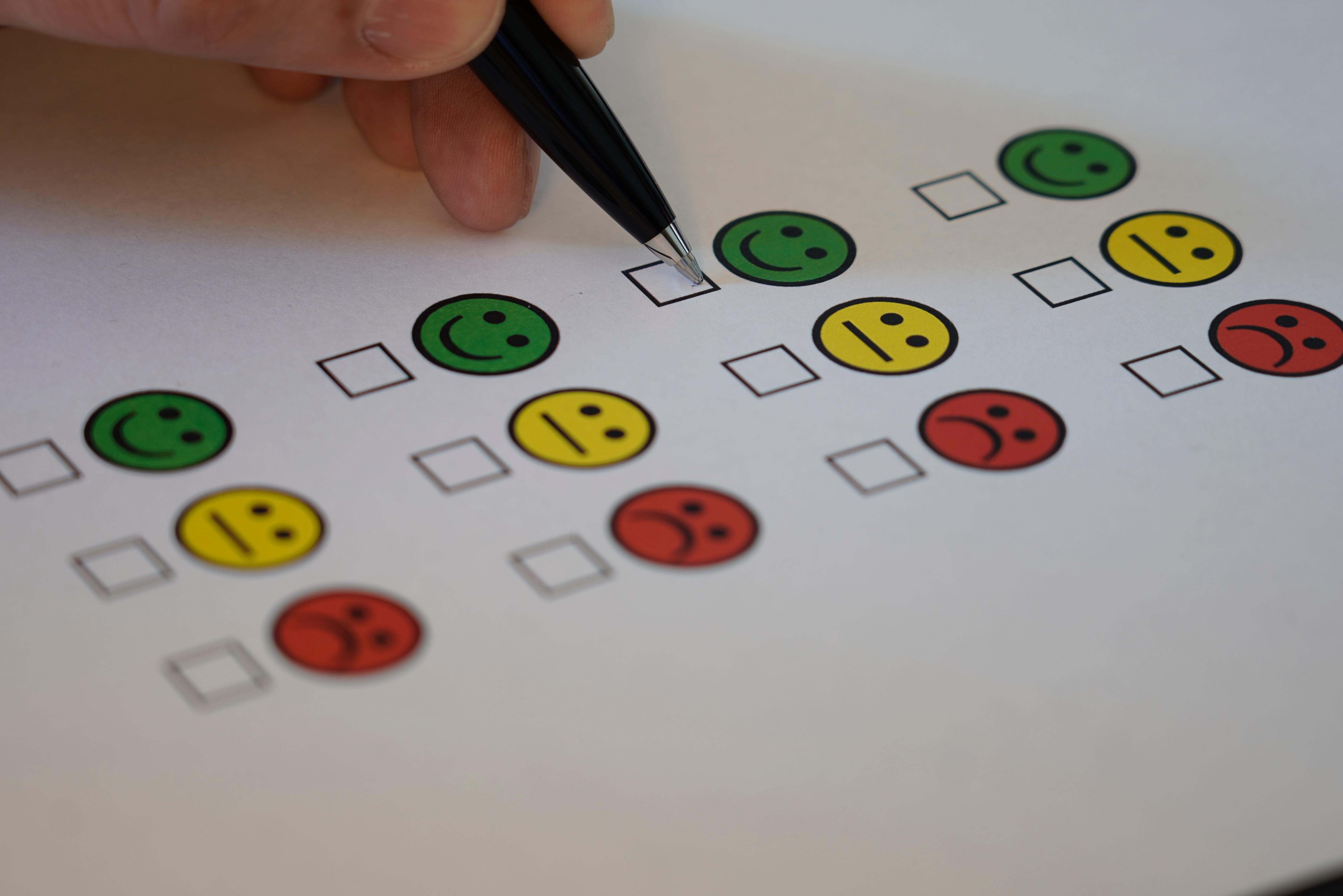 Umfrage mit 3 Smileys zur Auswahl: glücklich, neutral, unglücklich
